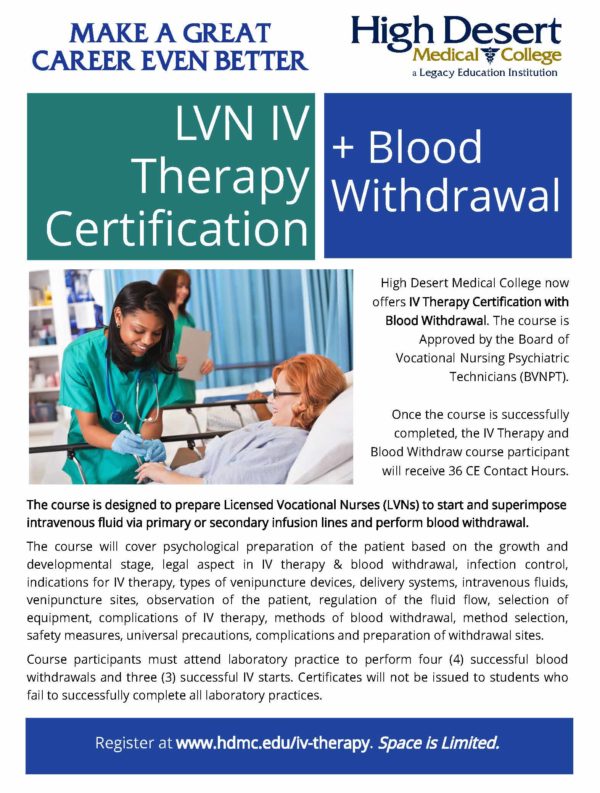 LVN IV Therapy Certification and Blood Withdrawal High Desert Medical